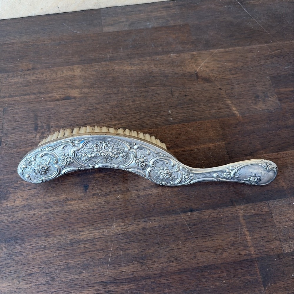 Vintage Antique Art Nouveau Silver Tone Vanity /Clothes/Crumb Brush Floral 8.5"